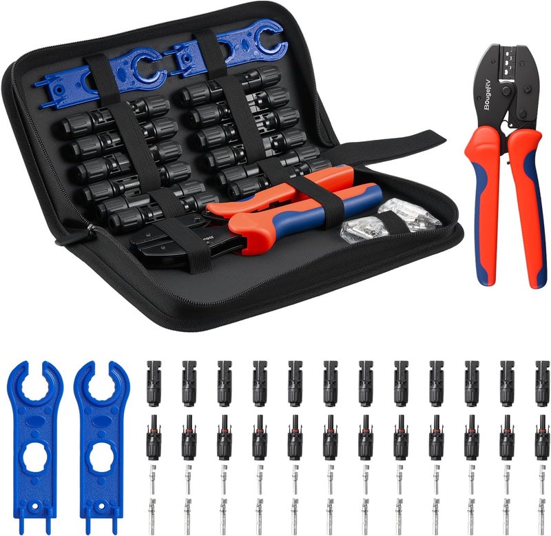 BougeRV Solar Crimper Tool Kit - Crimper, 12 Pairs Connectors, 2 Spanner Wrench for 14-10 AWG Solar Panel Cable Wire Crimping PV Assembly and Installation - Image 1